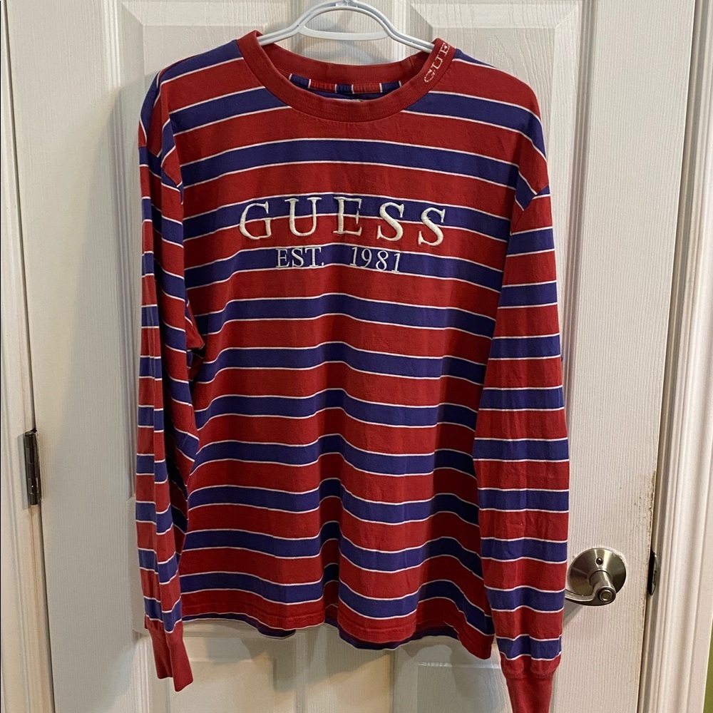90’s Style Guess big logo Striped red barrel wave grunge shirt men’s size XL